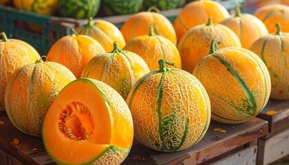 Close-up of ripe cantaloupes, some whole and one sliced, at a farmer's market