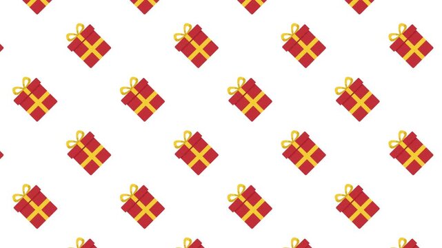 Seamless pattern of red gift boxes with yellow bows on white. Minimalist flat design background for Christmas, birthdays, and holiday celebrations. Decorative repeat present icons.