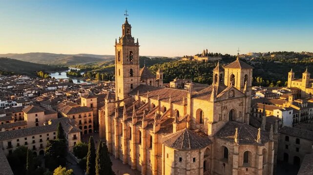 Aerial View of the Ja&Atilde;&copy;n Cathedral in Spain at Golden Hour with Cityscape and Blue Skies