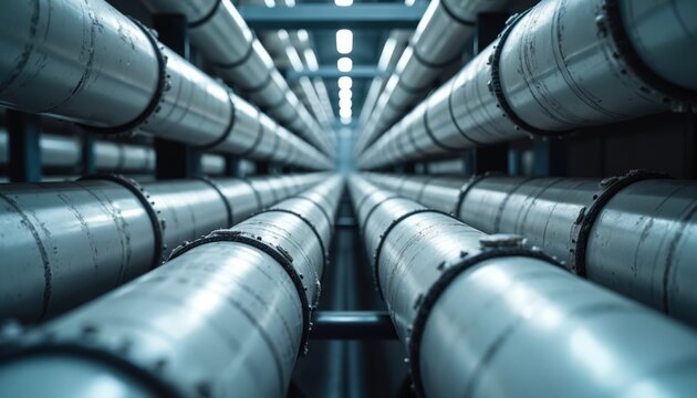 Rows of large industrial pipes with insulation run parallel in a modern factory interior. These pipes are part of a complex system for manufacturing or processing.