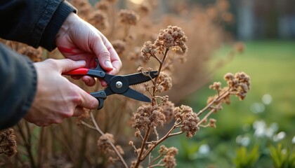 Naklejka premium Gardener trims dead blooms on dry plant with sharp pruners in soft winter light. Person does garden work, tidies bush and prepares yard for spring renewal.