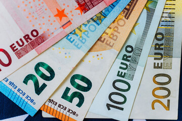 Euro cash. Many Euro banknotes of different values.Banknotes of the european union.