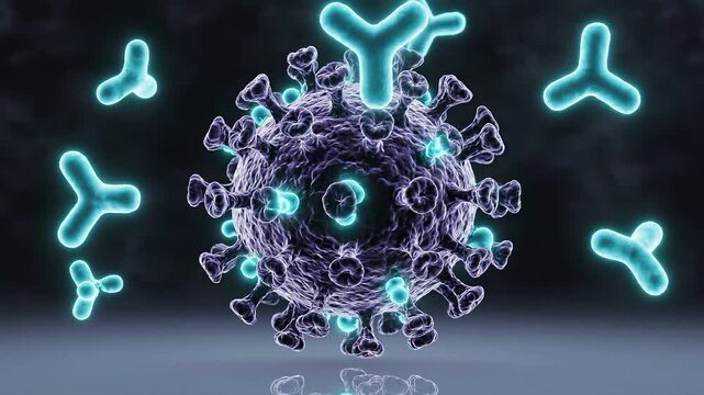 Virus interaction with immune cells digital illustration scientific visualization laboratory environment close-up view virology concept