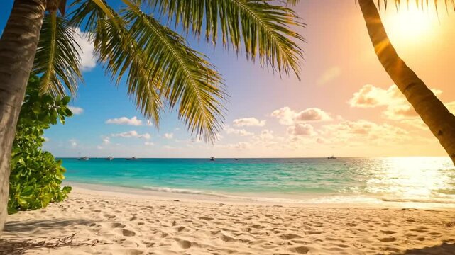 Tranquil beach scene with palm trees, turquoise ocean, white sand, and a straw hat on a sunny day