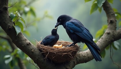 Obraz premium Adult raven feeds small chick in twig nest on tree. Parent bird brings food to young bird in home on branch. Family caring, avian life cycle, nature scene.