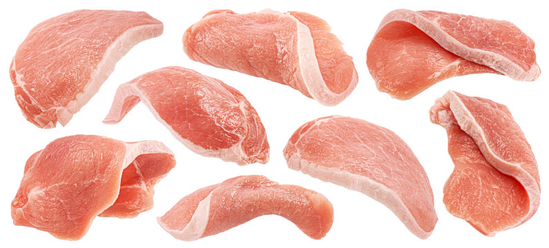 Raw pork loin, fresh boneless meat cuts isolated on white background, full depth of field