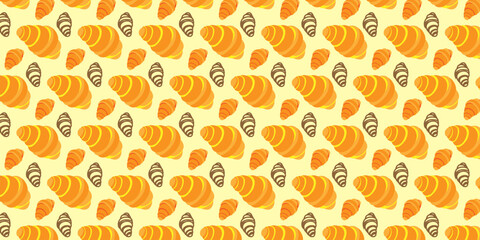 Warm and inviting seamless pattern of golden croissants and dark chocolate pastries, ideal for food-related designs, textiles, and packaging