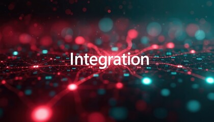 Obraz premium Abstract network with glowing red, teal nodes, lines shows digital connections. Data flows through complex system, illustrating global communication, information processing in futuristic grid.