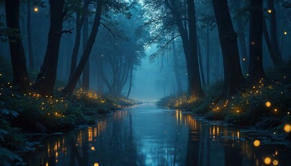 Obraz premium Mystical forest river at night with glowing fireflies on shore. Dark trees line calm water reflecting faint light under starry sky. Ethereal, tranquil, magical atmosphere.