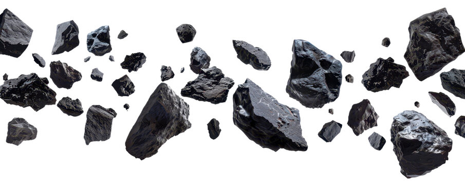 flying black asteroid belt isolated on white or transparent png