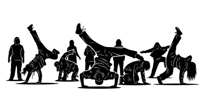 dynamic hip hop dance group silhouetted performing energetic b-boy and b-girl routines in an urban setting for youth-oriented marketing.