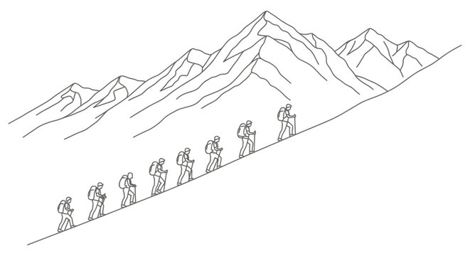 mountain climbing team progressing uphill on a steep slope illustrating challenge teamwork and the long journey towards success and achievement.