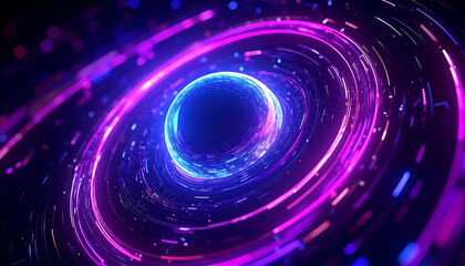 digital data stream flowing through abstract glowing blue orb with vibrant purple light trails creating a futuristic technology background for cyber concepts