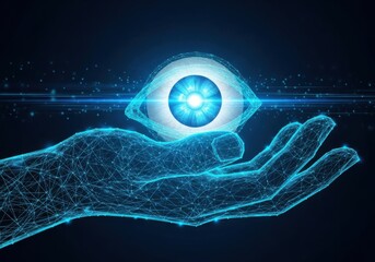 Digital eye in a wireframe hand, representing artificial intelligence, technology, and futuristic vision in a dark blue background
