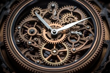 Obraz premium Close up of a clockwork mechanism with gears and hands, highlighting the complexity and precision of its design
