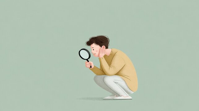 Hypochondria, minimalist vector of a person with a magnifying glass examining their own hand with worry, on a soft green background