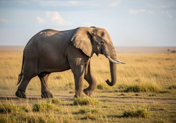 Fototapeta premium An adult african elephant walks across a grassy savanna in kenya during a safari, with a blurred background of the african landscape