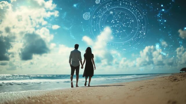 Romantic couple on beach at sunset with glowing zodiac wheel symbolizing horoscope compatibility, astrology love connection and cosmic relationship destiny, banner with copy space