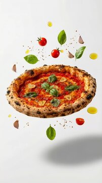 Floating Neapolitan Pizza with Basil, Cherry Tomatoes, Garlic, and Spices