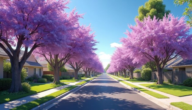 Suburban street lined with blooming jacaranda trees and houses. Blue sky, green grass lawns, bright sunny day. Sidewalk and road perspective.