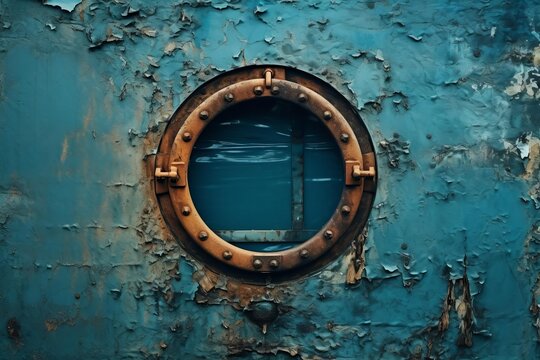 Close up of a rusty porthole showing water, set against a textured blue wall with flaking paint, evoking a nautical or industrial scene