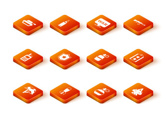 Naklejka premium Set Military helmet, Rocket launcher, Walkie talkie, Police badge, Hand grenade, Jet fighter and rank icon. Vector