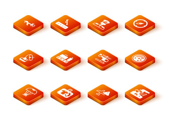 Set Box flying on parachute, Suitcase, Radar, Conveyor belt with suitcase, Warning aircraft, Helicopter, Plane crash and targets monitor icon. Vector