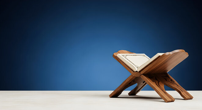 Open holy quran resting upon a traditional carved wooden rehal stand against a deep blue background symbolizing devotion