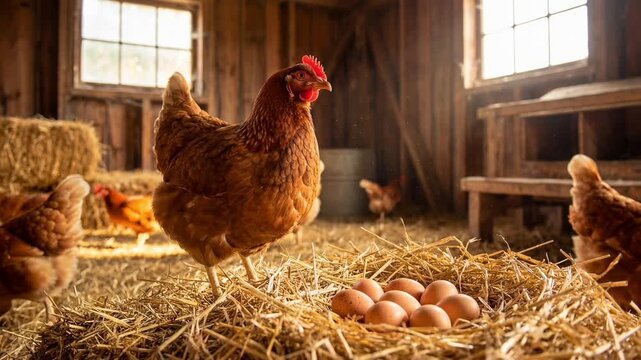 Brown hens walk through a sunlit wooden chicken coop, surrounded by hay and freshly laid eggs in a cozy rustic setting.