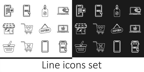 Set line Mobile and shopping cart, Shopping basket on laptop, Price tag with dollar, Add, Market store, Hanging sign Open door and icon. Vector