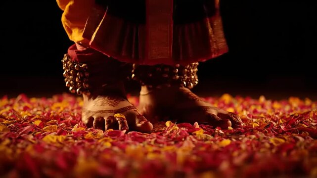 Indian dancer's feet performing traditional Kathak dance on flower petals, rhythmic movement, cultural art, rich colors, dark background, festival.