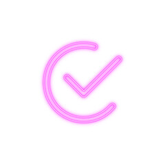 Vibrant neon pink checkmark icon in a circle, glowing symbol for success, approval, and completion on a crisp white background.