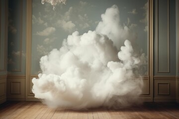 Surreal image of a cumulus cloud formation filling an elegant room with a cloudy sky wallpaper and crystal chandelier