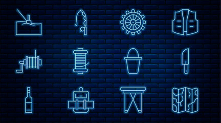 Set line Folded map, Knife, Ship steering wheel, Spinning reel for fishing, Fishing float water, bucket and rod icon. Vector © vector_v