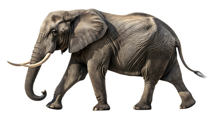 Majestic African elephant with large tusks walking gracefully isolated against a transparent background on transparent background