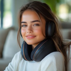 Woman wearing headphones and a headrest around her neck