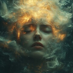 Woman's face made of smoke and fire