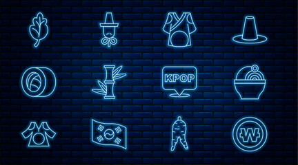 Set line South Korean won coin, Ramen, Kimono, Bamboo, Sushi, Kimchi, K-pop and hat icon. Vector