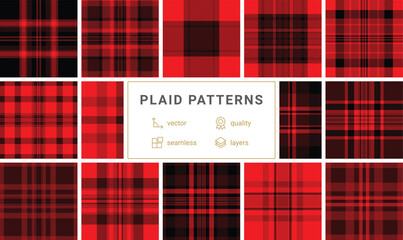 Naklejka premium Striking red and black tartan pattern featuring a classic checkered design. Ideal for bold backgrounds, winter apparel mockups, and holidaythemed graphics with a cozy, rustic aesthetic.