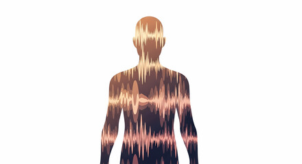 Fototapeta premium Abstract human silhouette filled with a vibrant, undulating sound wave pattern, representing inner energy and consciousness.