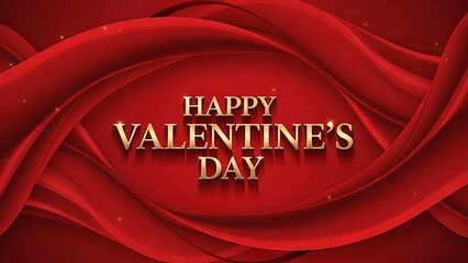 Happy Valentine's Day message in elegant gold lettering on a luxurious red wavy silk background