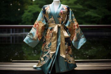 Naklejka premium Luxurious silk kimono robe with intricate phoenix and wave design, showcased on a mannequin against a serene garden backdrop
