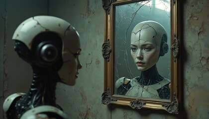 Humanoid robot peers into cracked mirror looking at self reflection. Android questions existence in dark, decaying room. Female cyborg contemplates identity, future, loneliness in abstract setting.