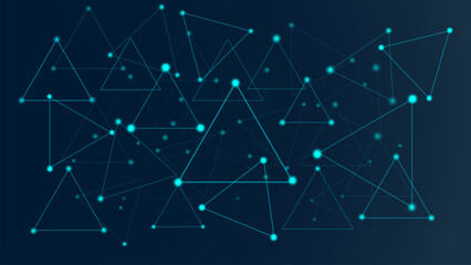 Obraz premium Abstract technology background with glowing blue connected triangles and dots on dark backdrop.