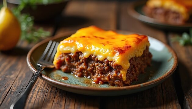 Savory baked plantain casserole dish with ground beef filling and melted cheese topping. A hearty Cuban comfort food plated on rustic wood table. Delicious cuisine.