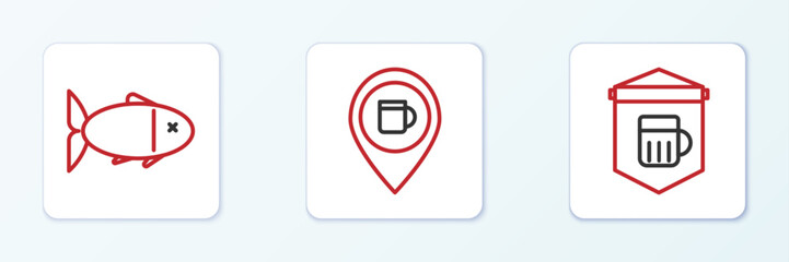 Set line Signboard with glass of beer, Fish and Alcohol or bar location icon. Vector