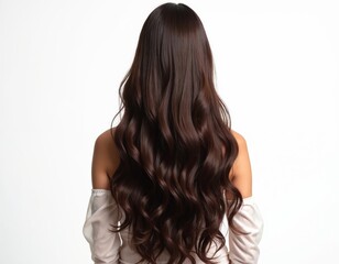 Obraz premium Woman with long wavy dark brown hair. Shiny healthy locks cascade down her back. Pure white background isolates her style and beauty. Elegant look.