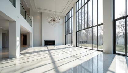 Fototapeta premium Spacious modern living room with floor to ceiling windows offering natural light, garden view. Features sleek fireplace, grand chandelier, polished marble floors, perfect for luxury home interiors.