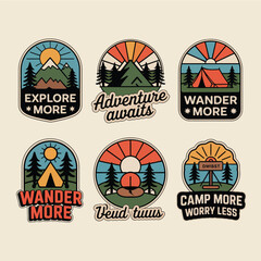 Retro outdoor adventure badges collection featuring camping, mountains, and nature exploration themes
