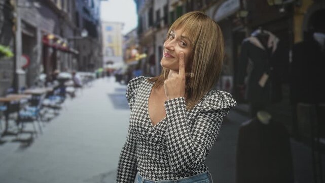 Woman pointing index finger to cheek, smiling in houndstooth top on a street with cafe tables and mannequins; playful confidence.